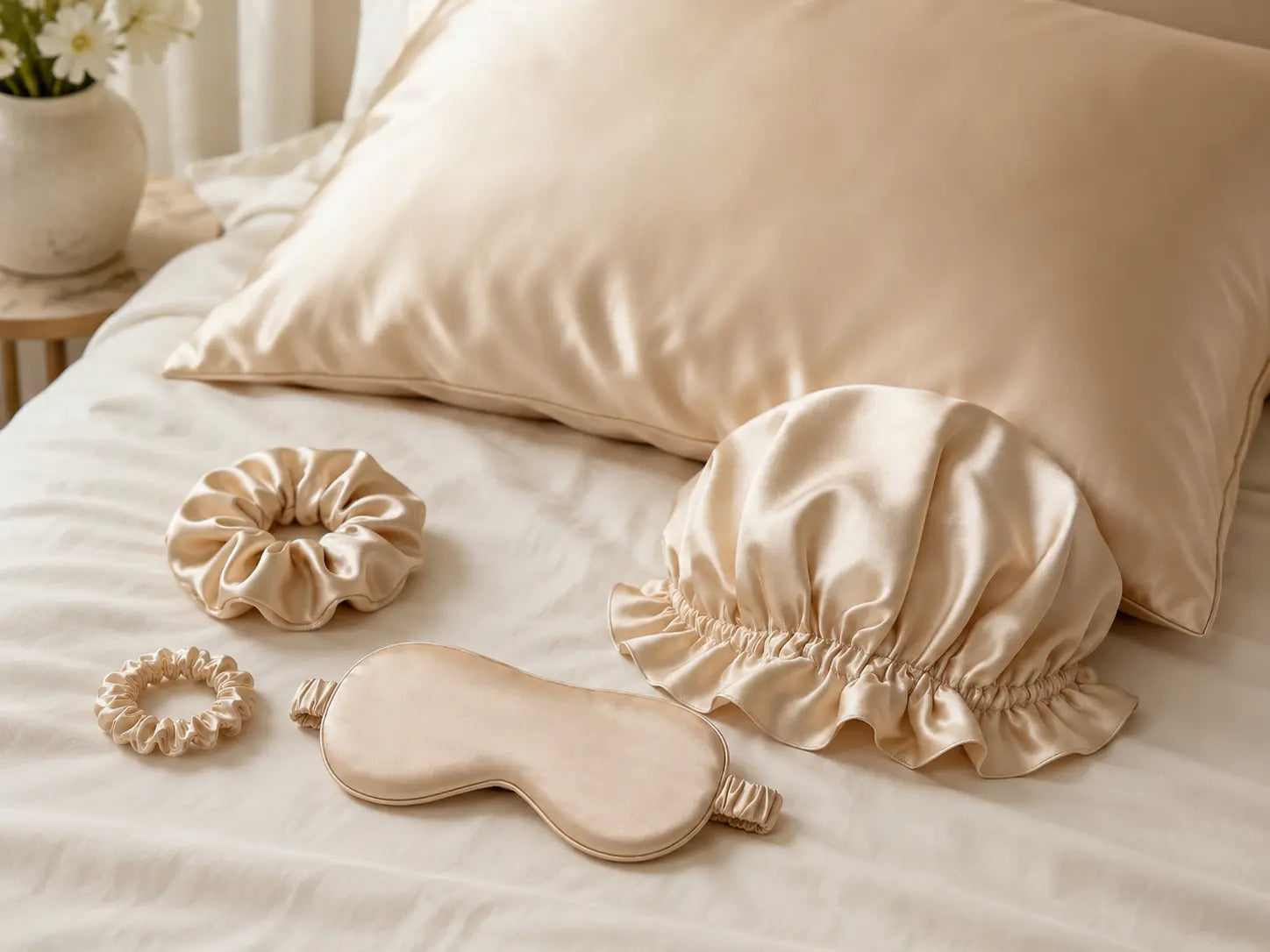 Silk sleep accessories including pillowcase, bonnet, eye mask, and scrunchies on neutral bedding