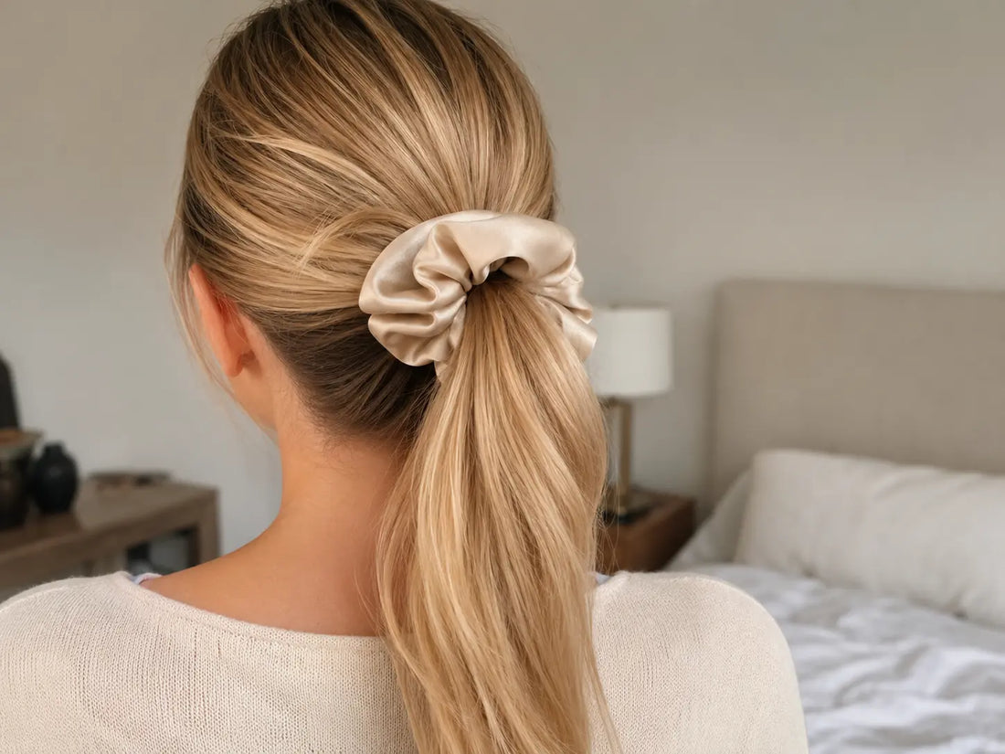 The ponytail is tied with a silk scrunchie.