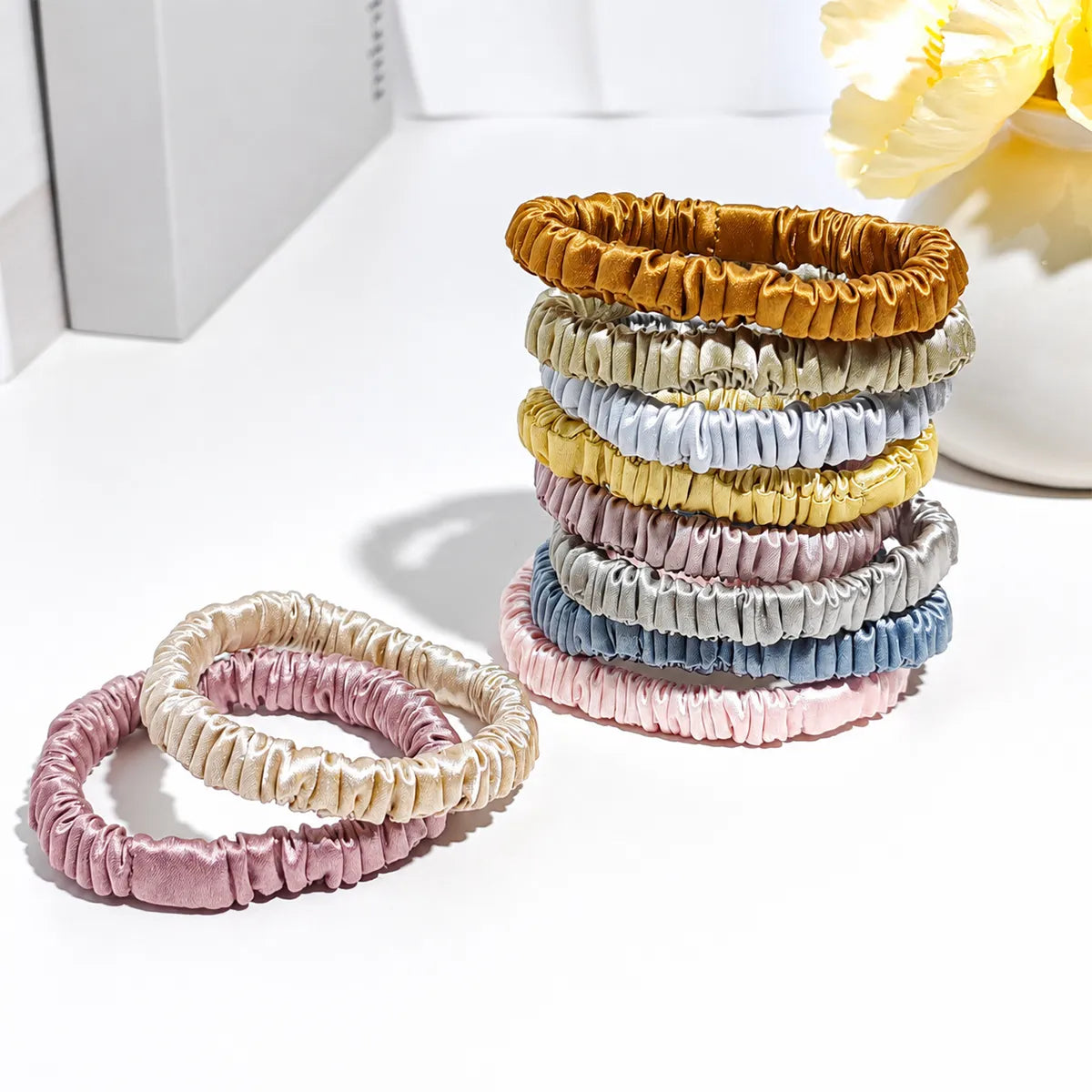 19 & 22 Momme 1cm Pleated Silk Scrunchies – Gift Set of 6