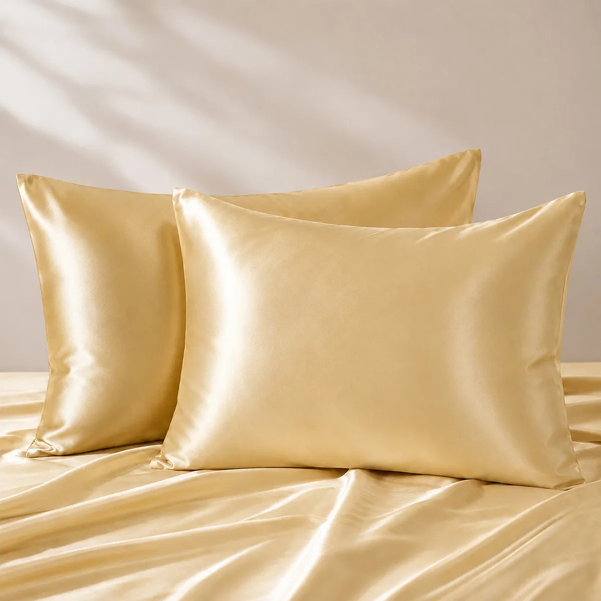Champagne silk pillowcases arranged on a silk-covered bed