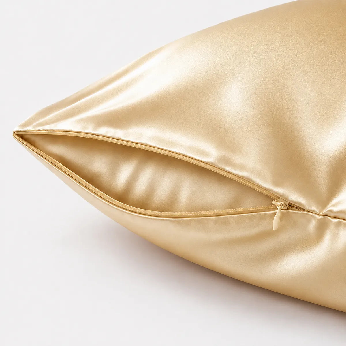 Champagne silk pillowcase with concealed zipper close-up