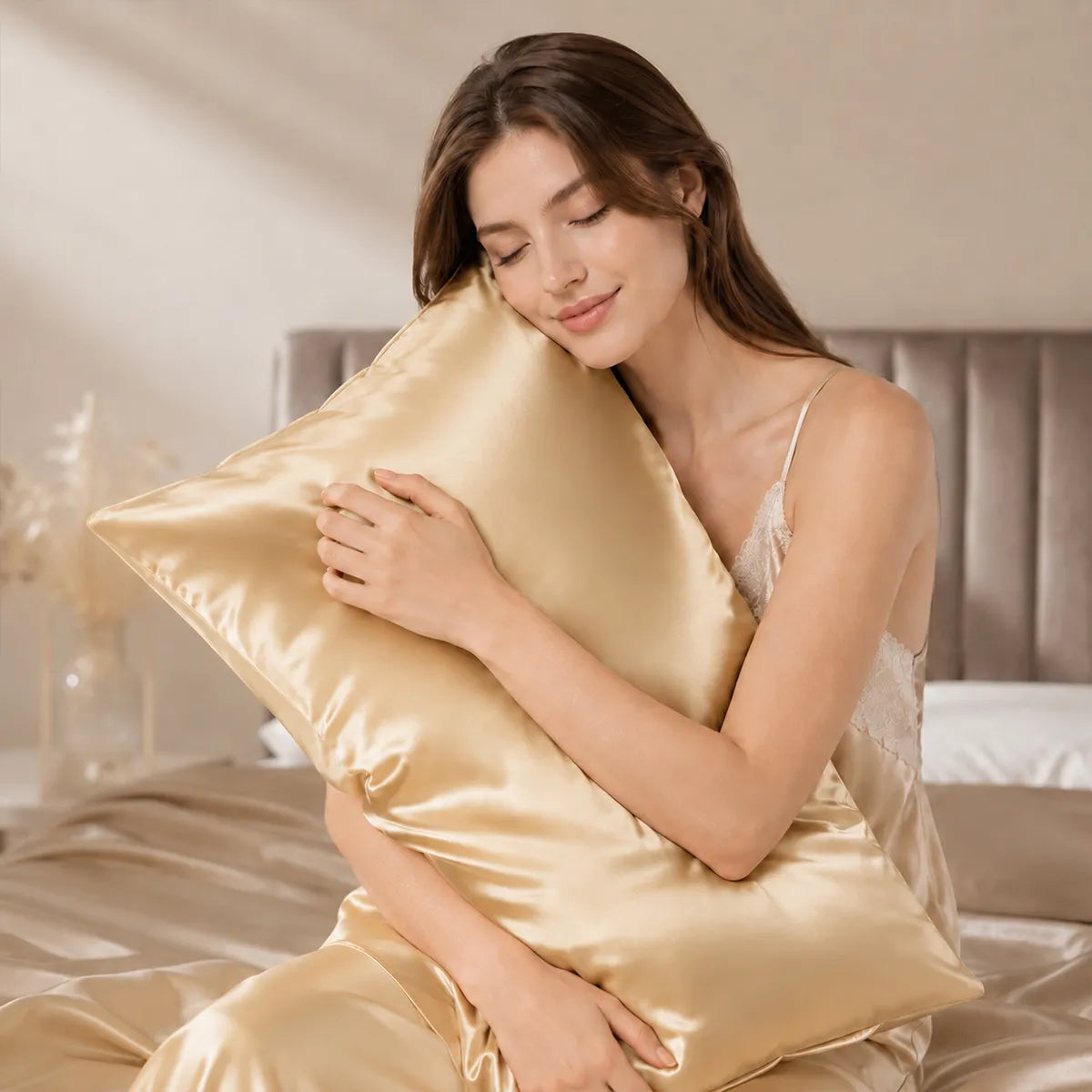 Model resting her face against a champagne silk pillowcase
